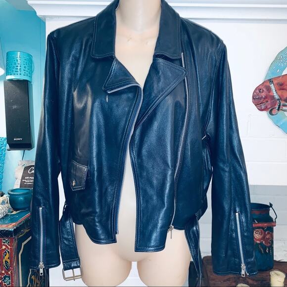 VINTAGE EIGHTIES 80s NAVY BLUE ITALIAN LEATHER BIKER MOTO JACKET ITALY 40 - Picture 2 of 9